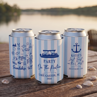 RodyThread Personalized Summer Lake Party Bachelorette Weekend Favors Slim Can Coolers Drink Sleeve Bridesmaids Girls Coastal Preppy Camp Vibe Blue White Striped Waterproof Neoprene Custom Birthday Bulk Gifts Seltzer Holders Last Toast Coast
