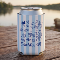 RodyThread Personalized Summer Lake Party Bachelorette Weekend Favors Slim Can Coolers Drink Sleeve Bridesmaids Girls Coastal Preppy Camp Vibe Blue White Striped Waterproof Neoprene Custom Birthday Bulk Gifts Seltzer Holders Last Toast Coast