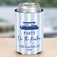 RodyThread Personalized Summer Lake Party Bachelorette Weekend Favors Slim Can Coolers Drink Sleeve Bridesmaids Girls Coastal Preppy Camp Vibe Blue White Striped Waterproof Neoprene Custom Birthday Bulk Gifts Seltzer Holders Last Toast Coast