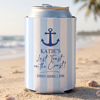 RodyThread Personalized Summer Lake Party Bachelorette Weekend Favors Slim Can Coolers Drink Sleeve Bridesmaids Girls Coastal Preppy Camp Vibe Blue White Striped Waterproof Neoprene Custom Birthday Bulk Gifts Seltzer Holders Last Toast Coast