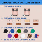A customization guide graphic displays options for choosing a body form, skin tone, swimsuit color, and custom name.