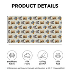 Custom pet face pattern beach towel with repeating cat photos and dimension arrows, featuring icons for breathable, soft, and