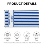 Product details showing a blue and white striped towel layout and fabric feature icons.