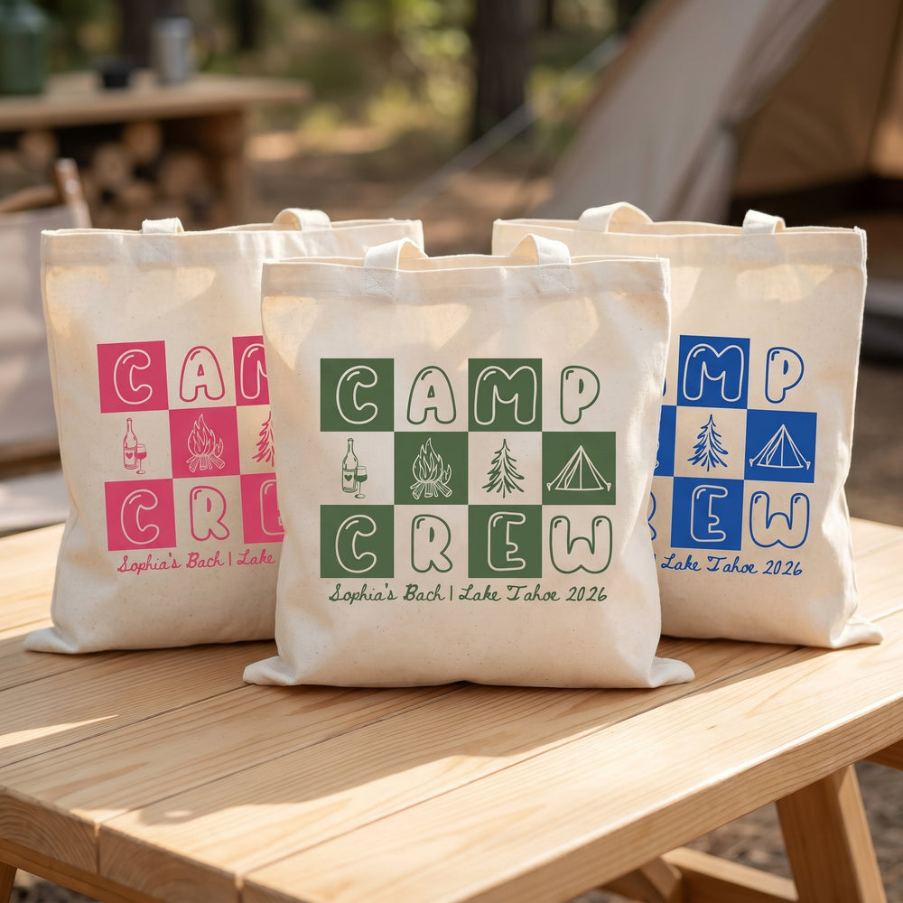 RodyThread Camp Bach Crew Lake Tahoe Bachelorette Party Favors Tote Bag For Bridesmaids Bridal Squad Retro 90s Preppy Glamping Aesthetic Custom Off-White Canvas Reusable Bag Cabin Trip Goodie Bags Last Trail Gifts
