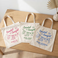 RodyThread Coastal Cowgirl Bachelorette Canvas Tote Bag For Bridesmaids And Beach Bride Western Preppy Aesthetic Cream Blue Last Toast On The Coast Hangover Kit Gift Bag Custom Bridesmaid Favor Girls Trip Reusable Beach Tote