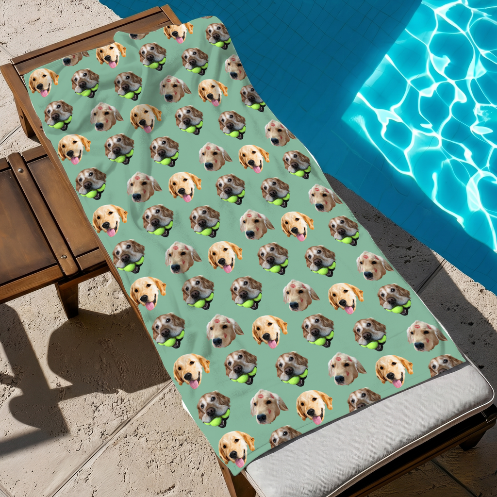 RodyThread Custom Pet Face Pattern Beach Towel For Dog Moms Preppy Aesthetic Sage Green Microfiber Personalized Puppy Portrait Pool Blanket Summer Vacation Essentials Funny Personalized Gift For Animal Lovers Custom Pet Patern Beach Towel