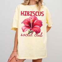 RodyThread Trendy Hibiscus Social Club Graphic Oversized T-Shirt Women Preppy Coconut Girl Aesthetic Coral Pink Cotton Top Tropical Aloha Hawaii Beach Lover Tee Summer Vacation Casual Loose Fit Flower Shirt Japan Okinawa Retro Holiday