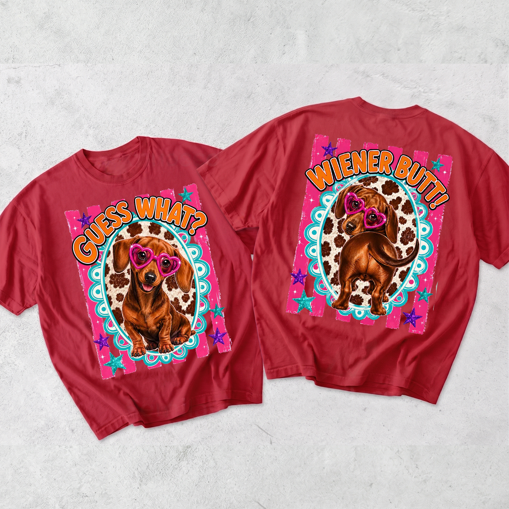 RodyThread Guess What Wiener Butt Funny Dachshund Graphic T-Shirt For Dog Moms And Women Preppy Y2K Retro Summer Vibes White Cotton Tee Sarcastic Dog Lover Novelty Top Trending Leopard Pink Stripes Heart Glasses Apparel