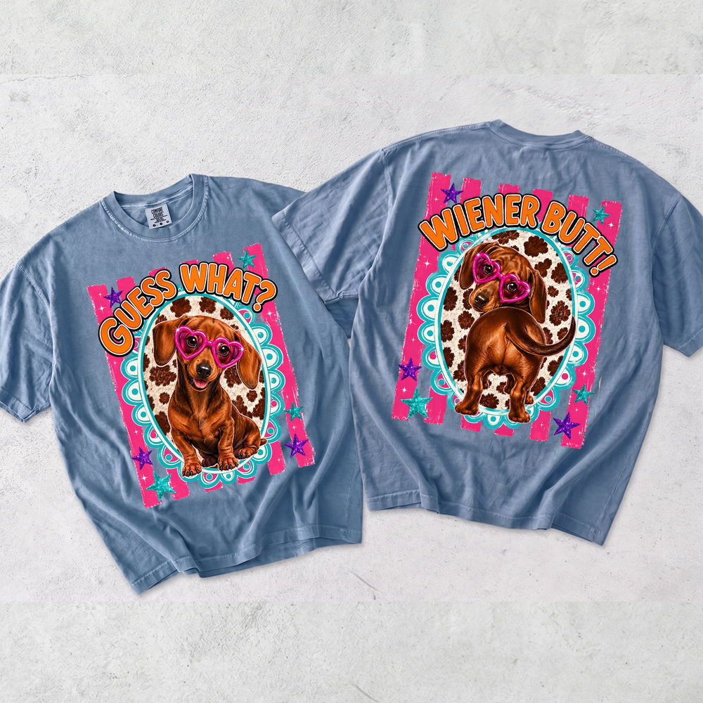 RodyThread Guess What Wiener Butt Funny Dachshund Graphic T-Shirt For Dog Moms And Women Preppy Y2K Retro Summer Vibes White Cotton Tee Sarcastic Dog Lover Novelty Top Trending Leopard Pink Stripes Heart Glasses Apparel