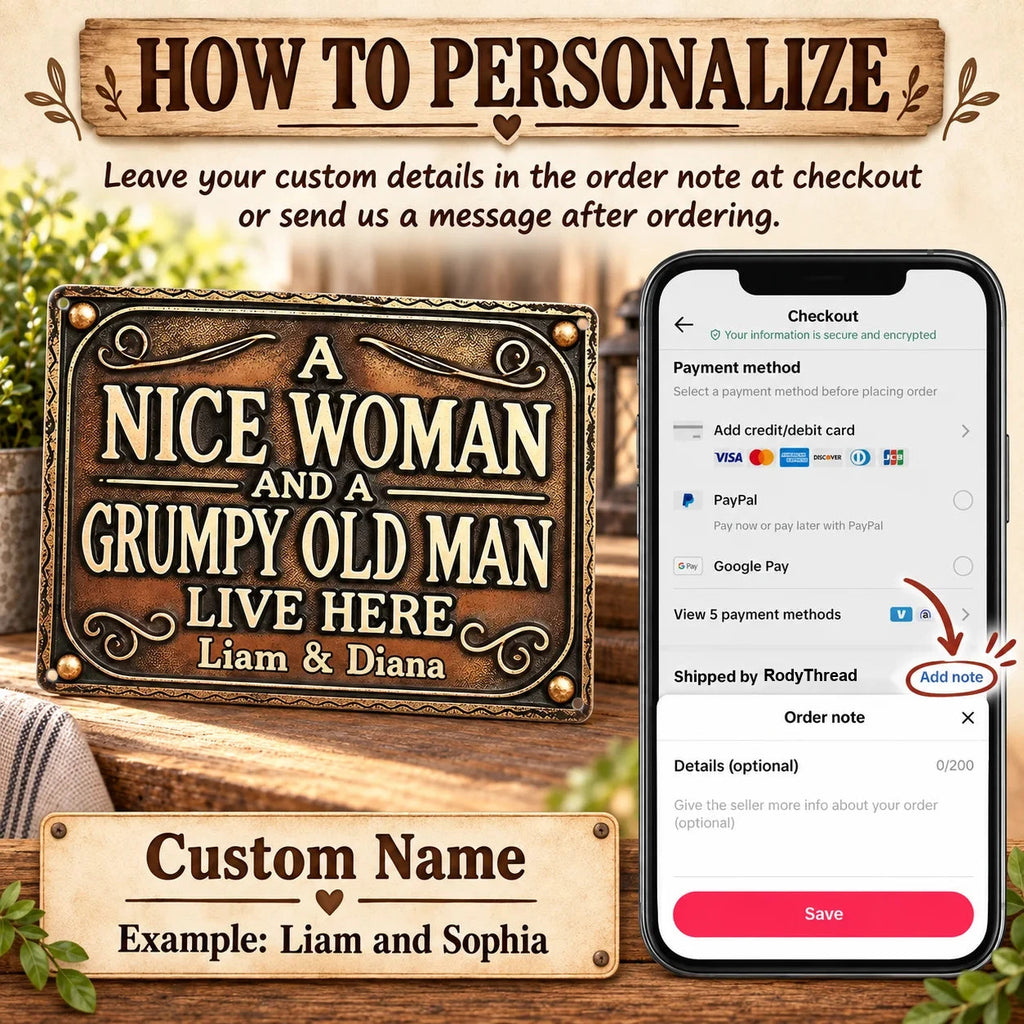 Close-up of A Nice Woman And A Grumpy Old Man Live Here Sign Funny Couple Vintage Metal Plaque Rustic Home Decor