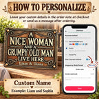 Close-up of A Nice Woman And A Grumpy Old Man Live Here Sign Funny Couple Vintage Metal Plaque Rustic Home Decor