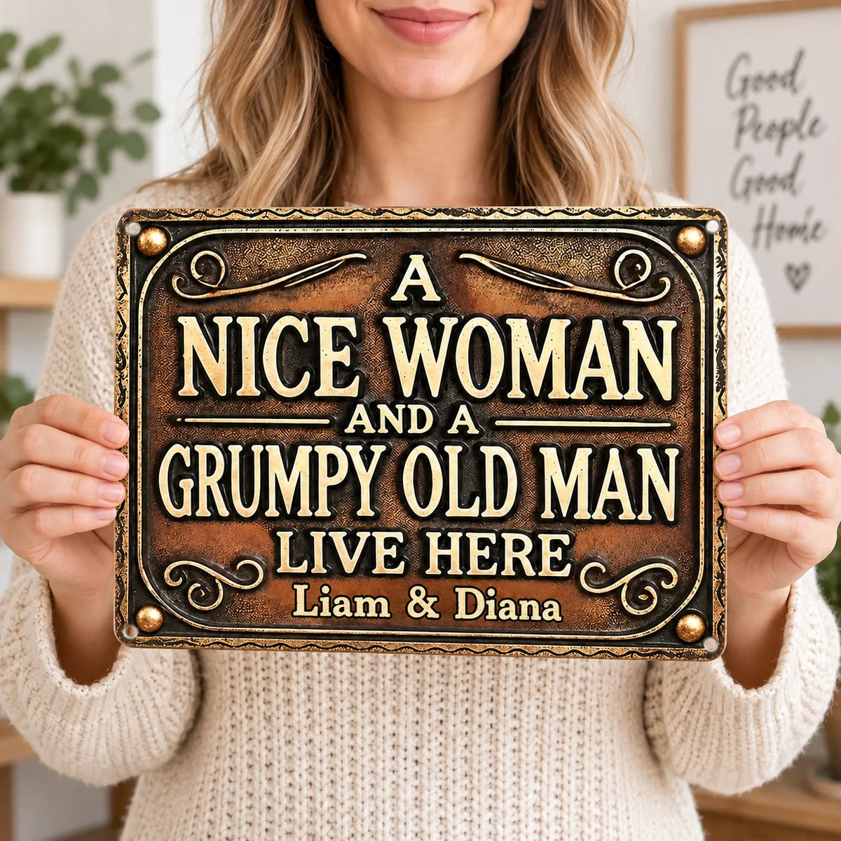 A Nice Woman And A Grumpy Old Man Live Here Sign Funny Couple Vintage Metal Plaque Rustic Home Decor