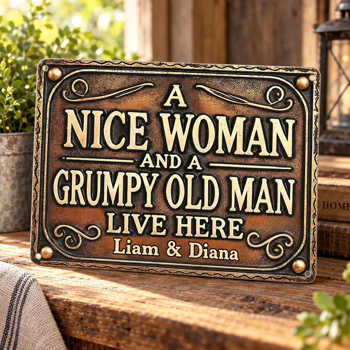 A Nice Woman And A Grumpy Old Man Live Here Sign Funny Couple Vintage Metal Plaque Rustic Home Decor