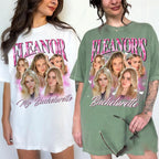 Two women wearing custom bachelorette oversized graphic tees in white and forest green with vintage photo collage and pink