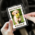 Custom acrylic car sun visor clip featuring a puppy photo, Best Dog Dad text, dog doodle border, and name Bailey in a car