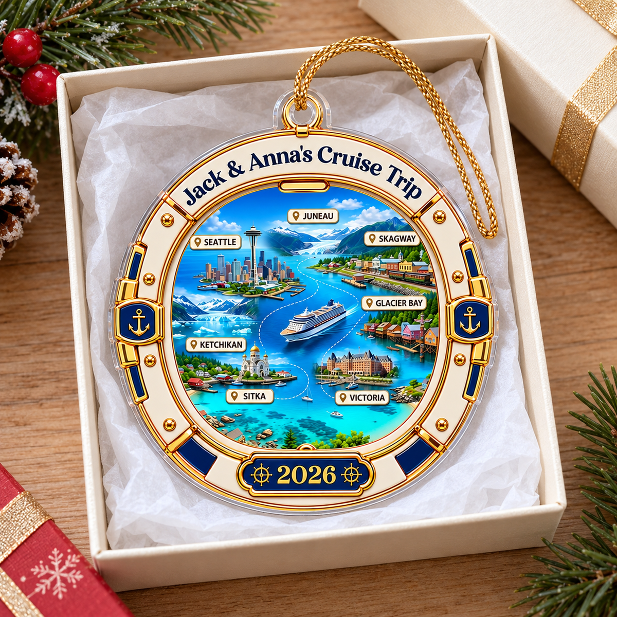 Custom Alaska cruise trip keepsake ornament resting inside an open white gift box lined with tissue paper.