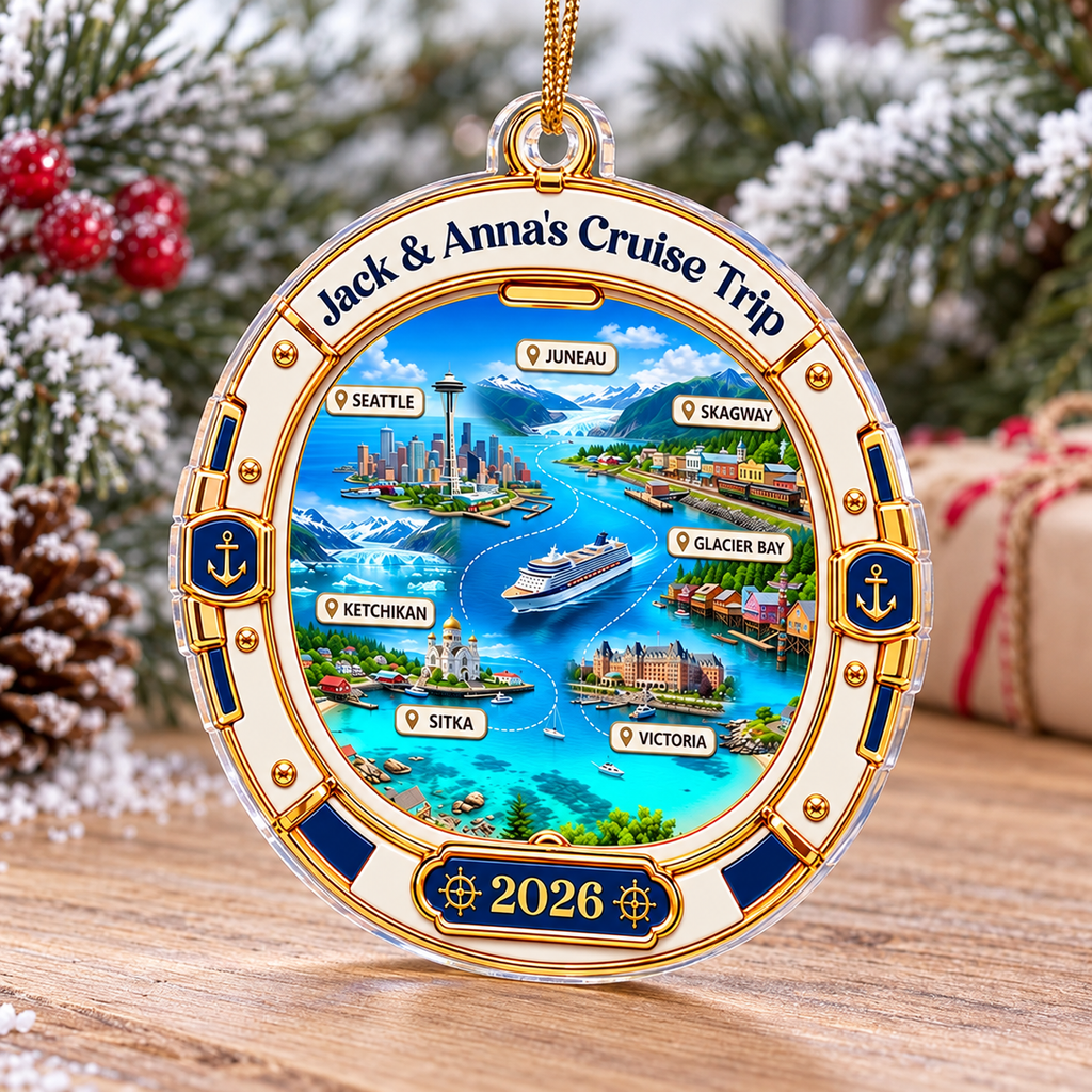 Customer in Los Angeles wearing Alaska Cruise Map Ornament Personalized Travel Keepsake Holiday Gift for Cruisers