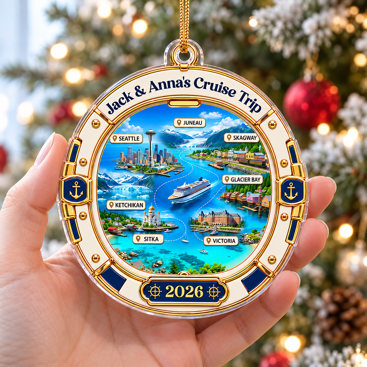 Close-up of Alaska Cruise Map Ornament Personalized Travel Keepsake Holiday Gift for Cruisers for streetwear fans in Los Angeles