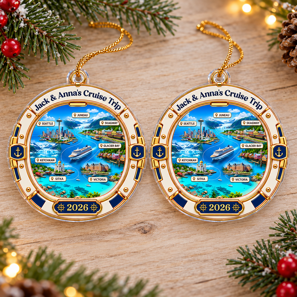 Customer in Los Angeles wearing Alaska Cruise Map Ornament Personalized Travel Keepsake Holiday Gift for Cruisers