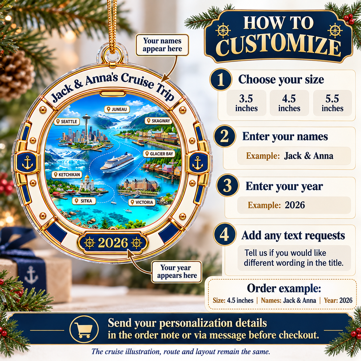 Close-up of Alaska Cruise Map Ornament Personalized Travel Keepsake Holiday Gift for Cruisers for streetwear fans in Los Angeles