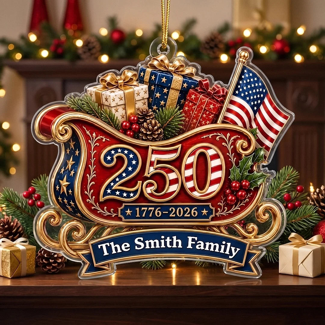 America 250th Anniversary 1776-2026 Ornament, Personalized USA Sleigh Christmas Ornament, Patriotic  on a hanger, ready to ship from Los Angeles