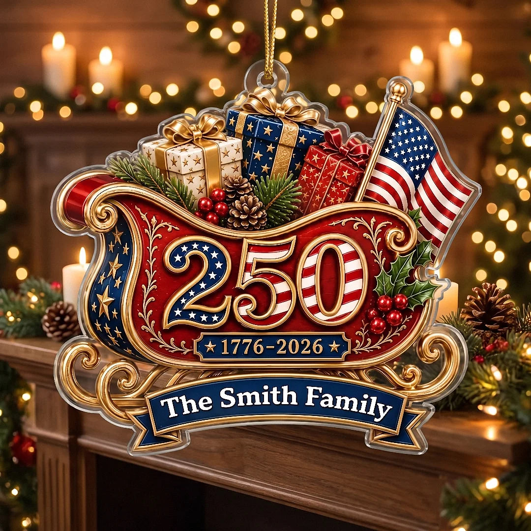 Customer in Los Angeles wearing America 250th Anniversary 1776-2026 Ornament, Personalized USA Sleigh Christmas Ornament, Patriotic 