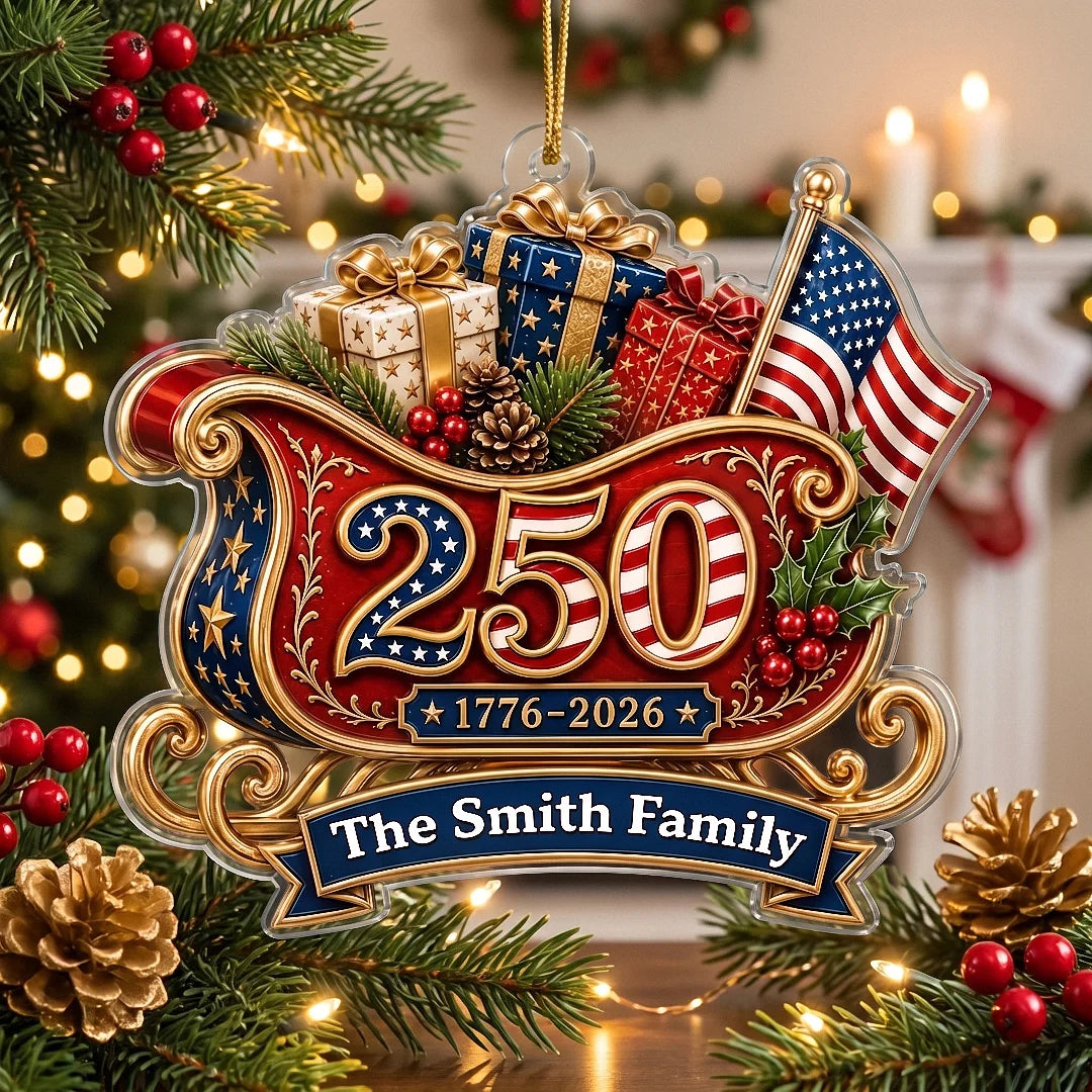 Close-up of America 250th Anniversary 1776-2026 Ornament, Personalized USA Sleigh Christmas Ornament, Patriotic  for streetwear fans in Los Angeles