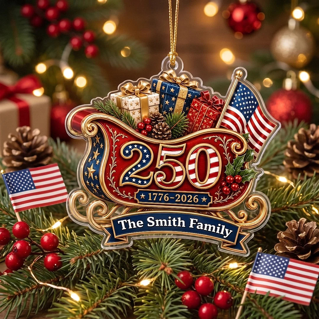Customer in Los Angeles wearing America 250th Anniversary 1776-2026 Ornament, Personalized USA Sleigh Christmas Ornament, Patriotic 
