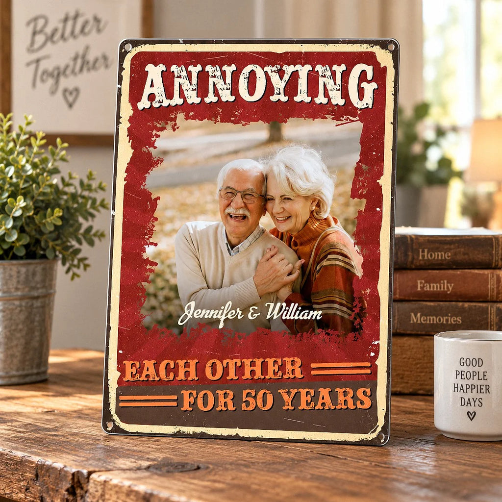 Close-up of Annoying Each Other For 50 Years Sign Golden Wedding Anniversary Gift Funny Couple Decor