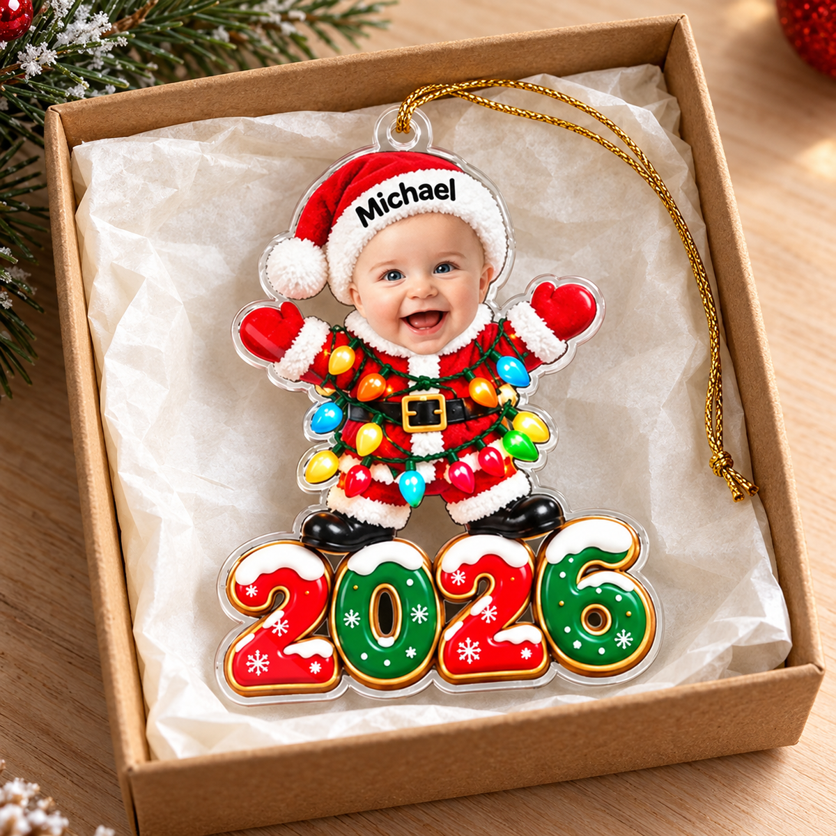 A custom baby photo Christmas ornament shaped like Santa inside a gift box on tissue paper.