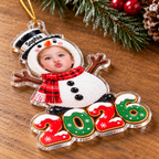 Customer in Los Angeles wearing Baby Photo Christmas Ornament Personalized Acrylic Bauble with Custom Name and Year for Baby's First