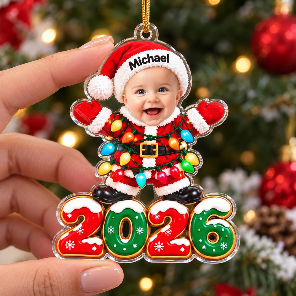 Close-up of Baby Photo Christmas Ornament Personalized Acrylic Bauble with Custom Name and Year for Baby's First for streetwear fans in Los Angeles