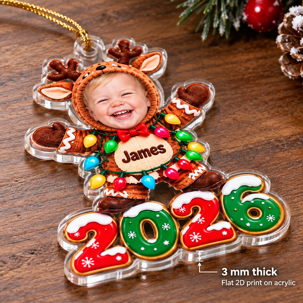 Customer in Los Angeles wearing Baby Photo Christmas Ornament Personalized Acrylic Bauble with Custom Name and Year for Baby's First