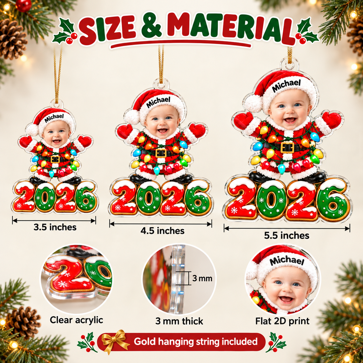 Close-up of Baby Photo Christmas Ornament Personalized Acrylic Bauble with Custom Name and Year for Baby's First for streetwear fans in Los Angeles