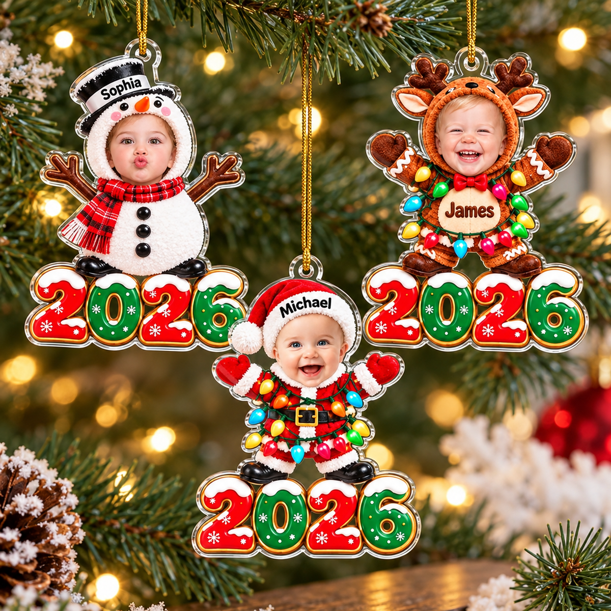 Three personalized acrylic Christmas ornaments hanging on a tree with baby faces, names, and 2026 bases.