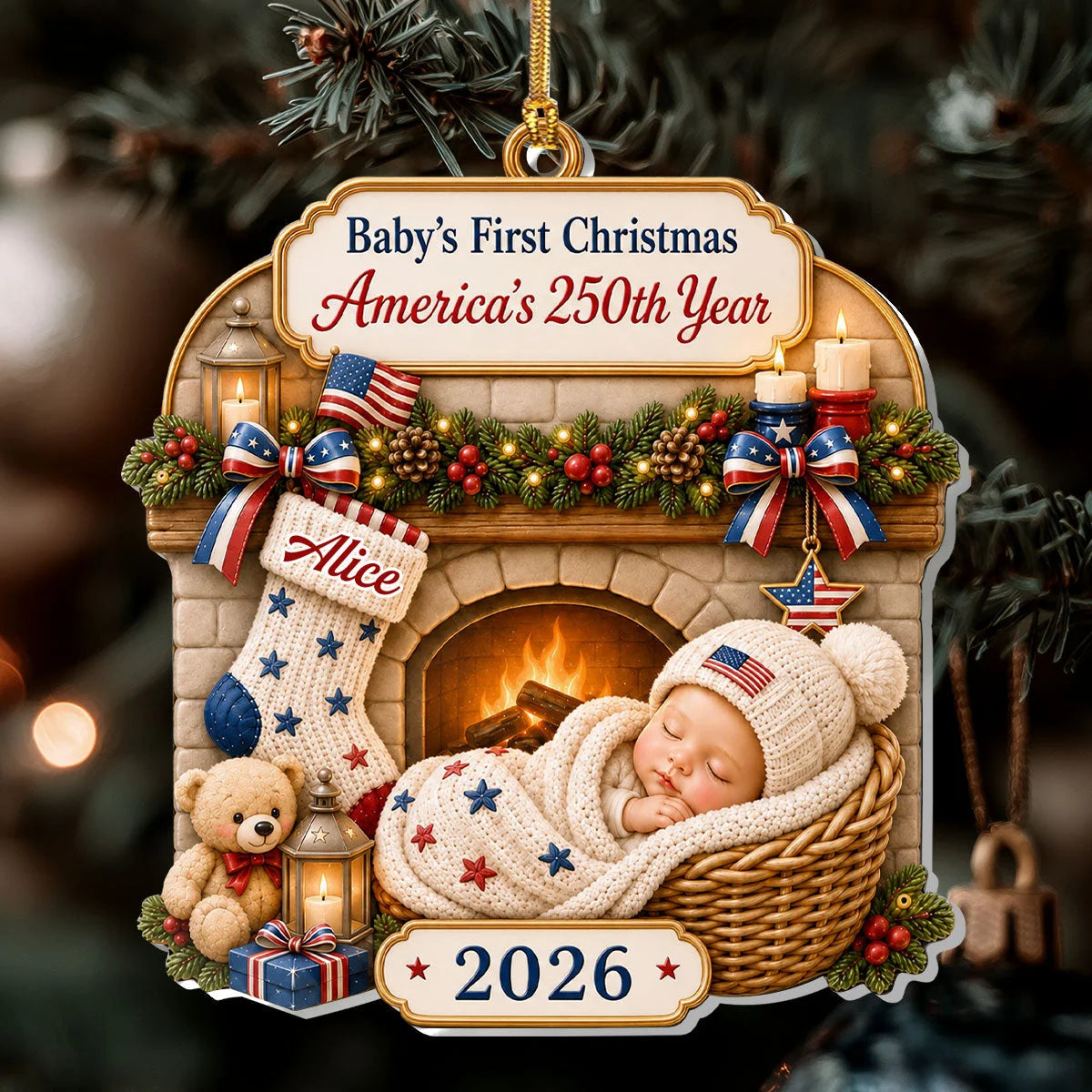 Baby's First Christmas Ornament America's 250th Year Personalized Newborn Keepsake Gift for Baby Sho on a hanger, ready to ship from Los Angeles