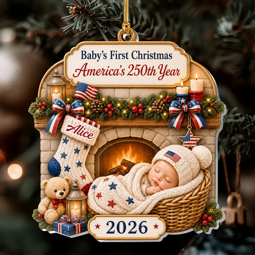 Baby's First Christmas Ornament America's 250th Year Personalized Newborn Keepsake Gift for Baby Sho on a hanger, ready to ship from Los Angeles