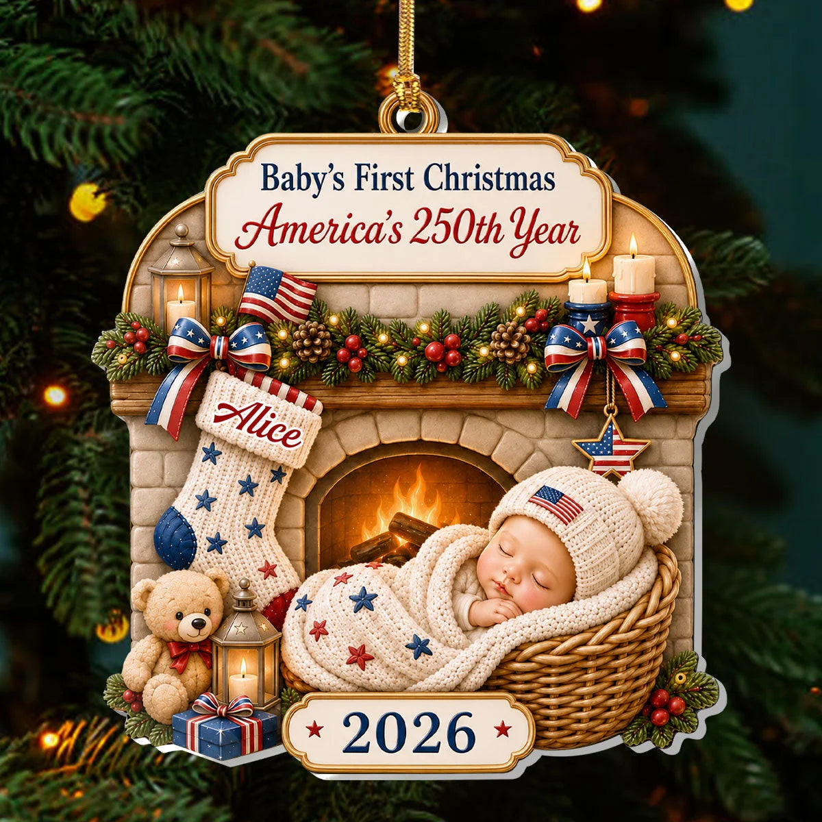 Close-up of Baby's First Christmas Ornament America's 250th Year Personalized Newborn Keepsake Gift for Baby Sho for streetwear fans in Los Angeles