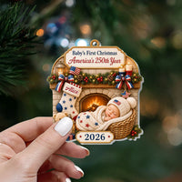 Customer in Los Angeles wearing Baby's First Christmas Ornament America's 250th Year Personalized Newborn Keepsake Gift for Baby Sho