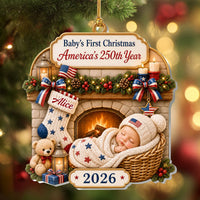 Customer in Los Angeles wearing Baby's First Christmas Ornament America's 250th Year Personalized Newborn Keepsake Gift for Baby Sho
