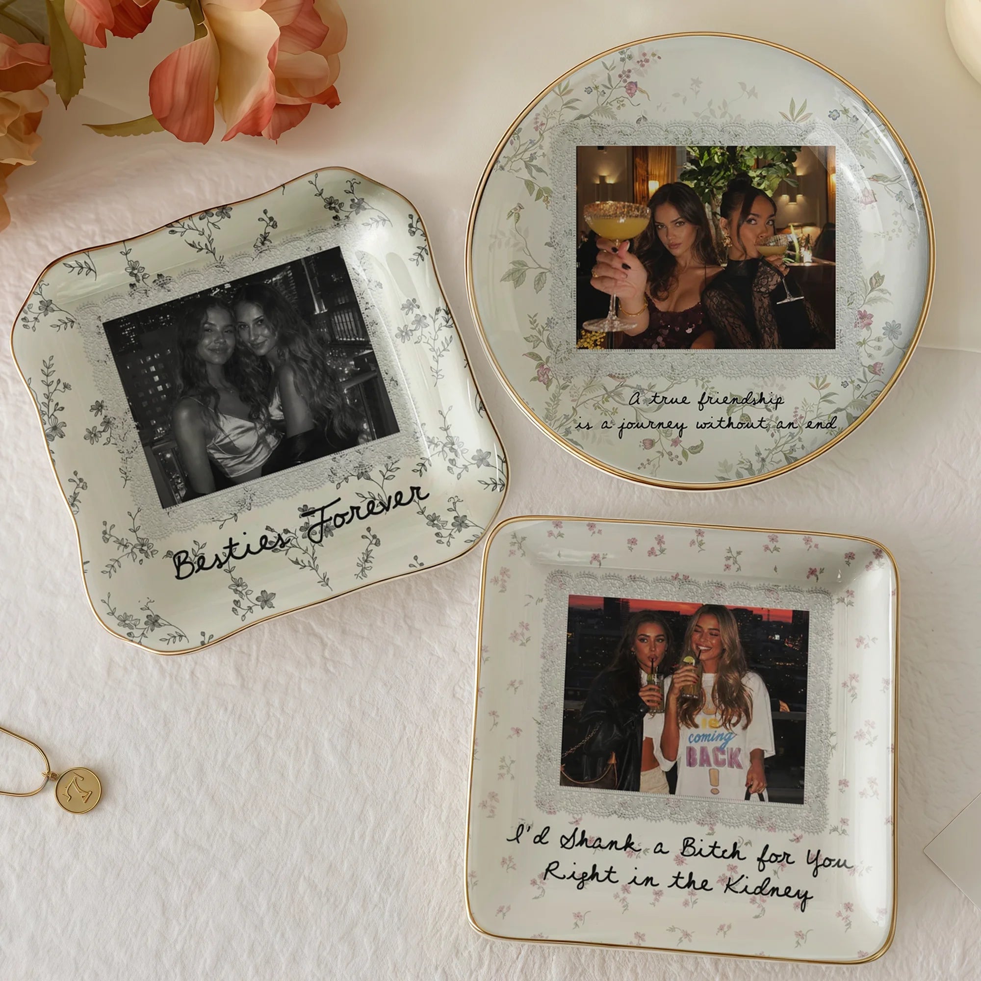Besties Forever Best Friend Ceramic Trinket Dish, Personalized Photo Jewelry Tray, Funny Bestie Ring Dish Keepsake Gift for Her