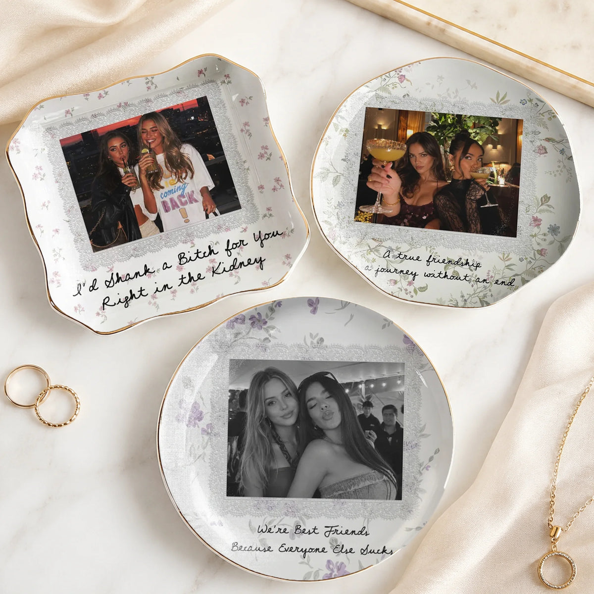 Besties Forever Best Friend Ceramic Trinket Dish, Personalized Photo Jewelry Tray, Funny Bestie Ring Dish Keepsake Gift for Her