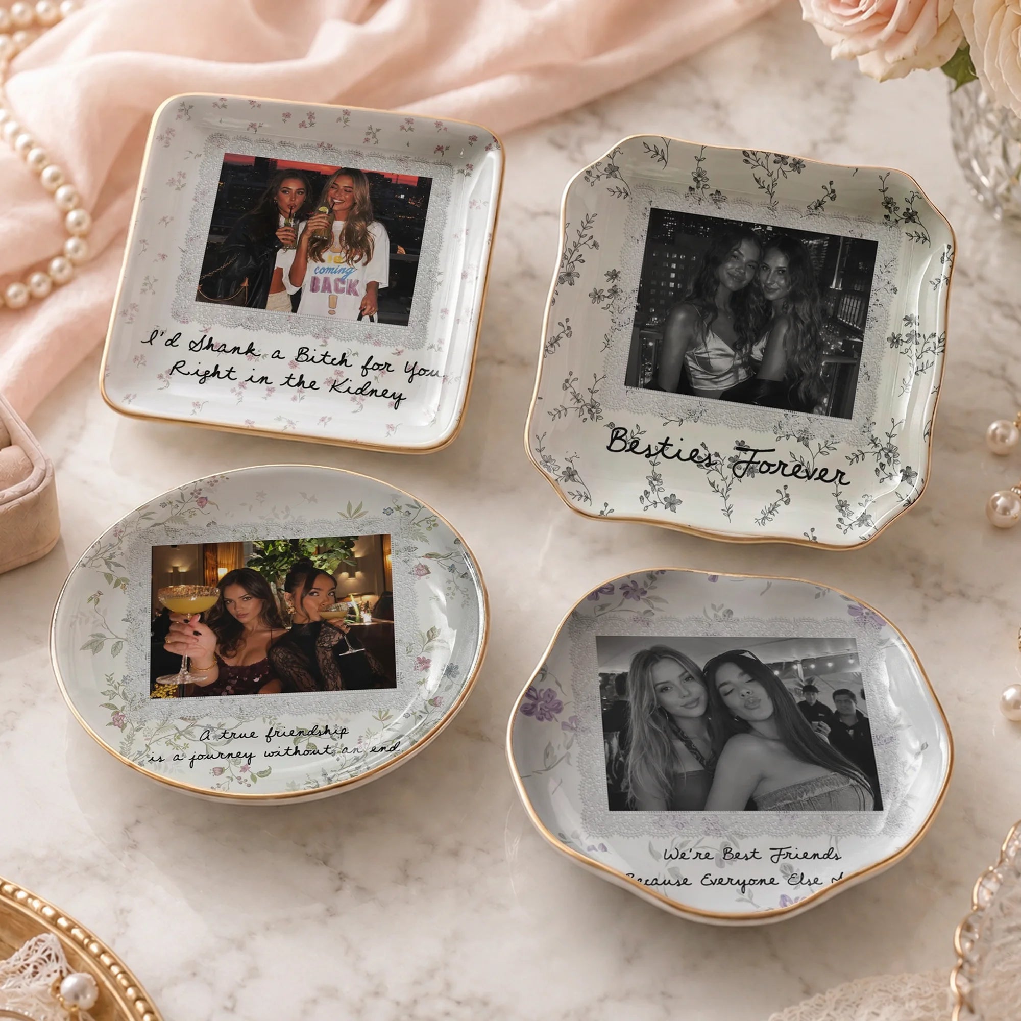 Besties Forever Best Friend Ceramic Trinket Dish, Personalized Photo Jewelry Tray, Funny Bestie Ring Dish Keepsake Gift for Her