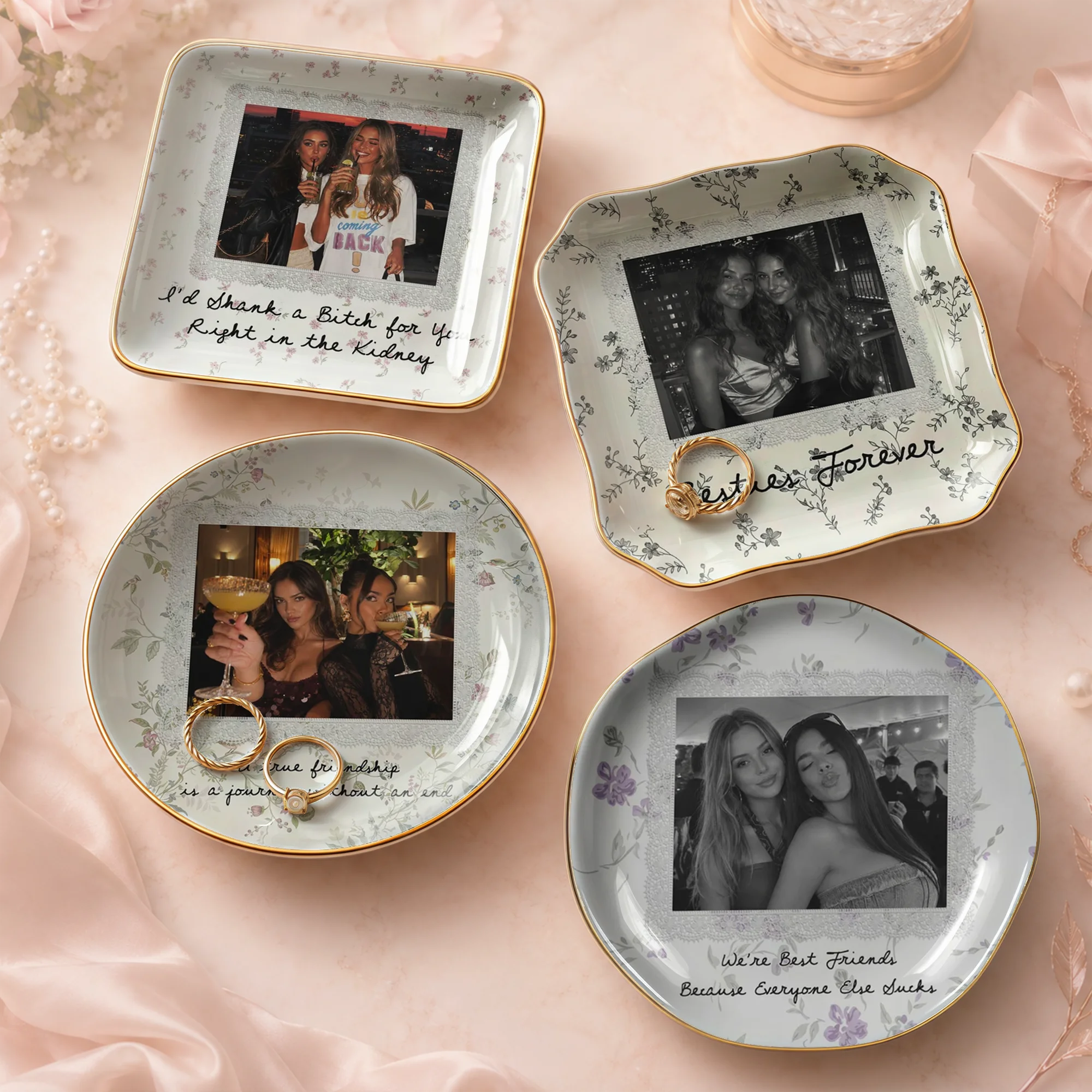 Besties Forever Best Friend Ceramic Trinket Dish, Personalized Photo Jewelry Tray, Funny Bestie Ring Dish Keepsake Gift for Her