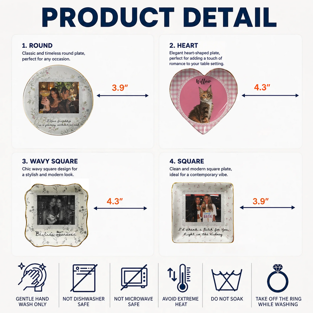 Product detail infographic showing round, heart, wavy square, and square ceramic ring dish shapes with dimensions and care