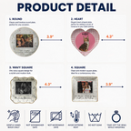 Product detail infographic showing round, heart, wavy square, and square ceramic ring dish shapes with dimensions and care