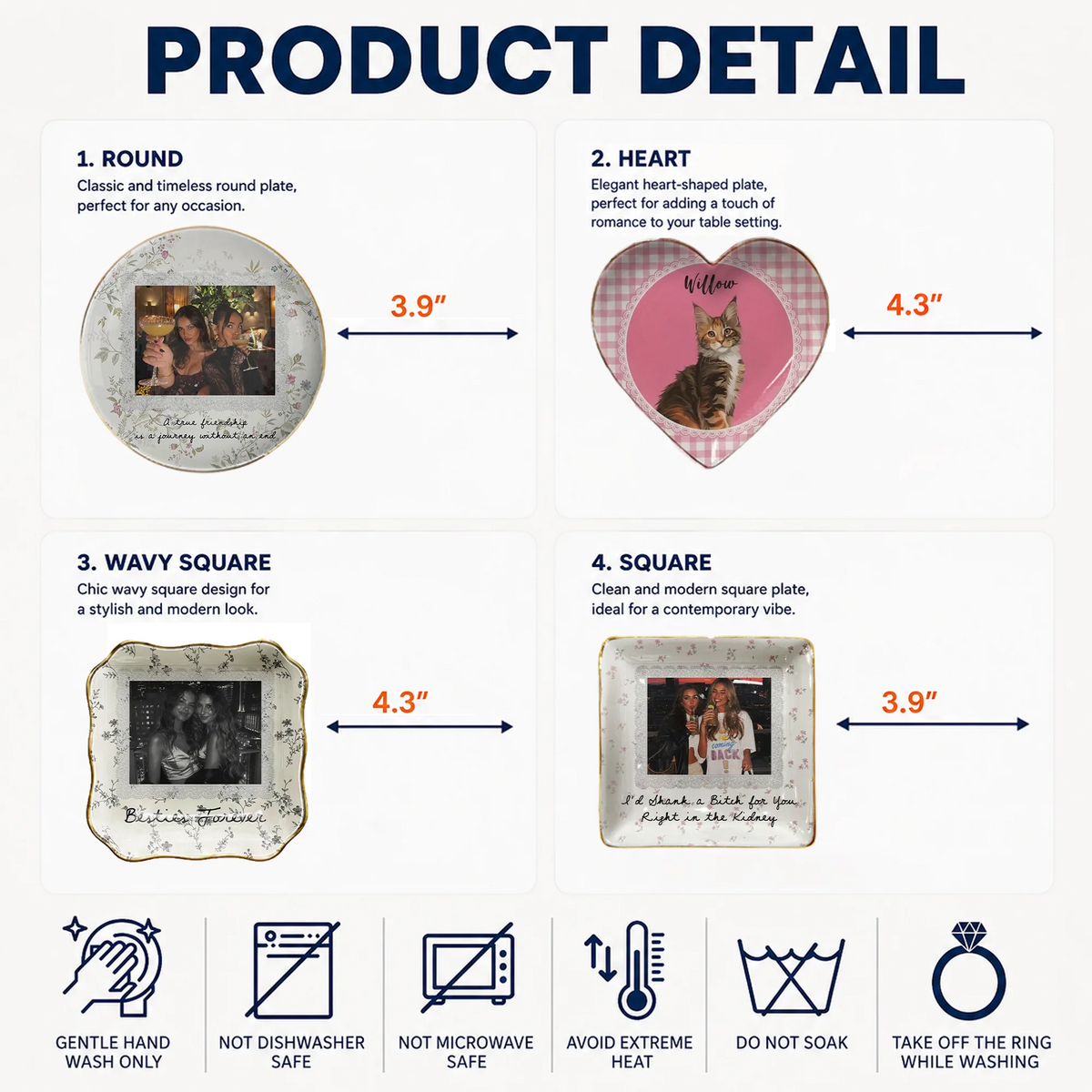 Product detail infographic showing round, heart, wavy square, and square ceramic ring dish shapes with dimensions and care