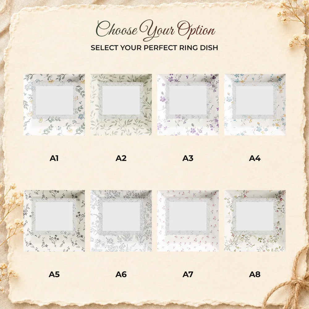 Design options guide displaying eight different floral background patterns labeled A1 through A8 for custom ring dishes.