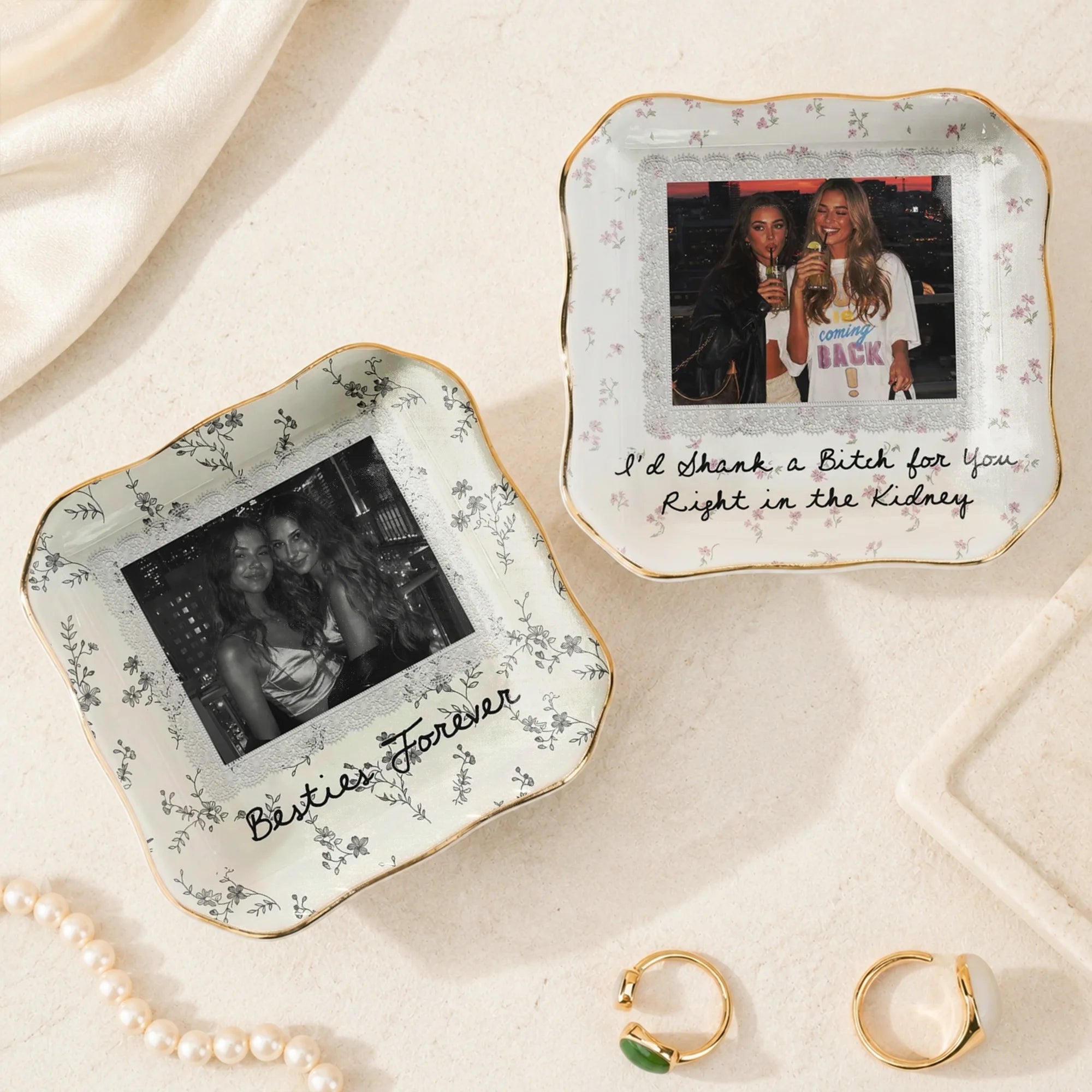 Besties Forever Best Friend Ceramic Trinket Dish, Personalized Photo Jewelry Tray, Funny Bestie Ring Dish Keepsake Gift for Her