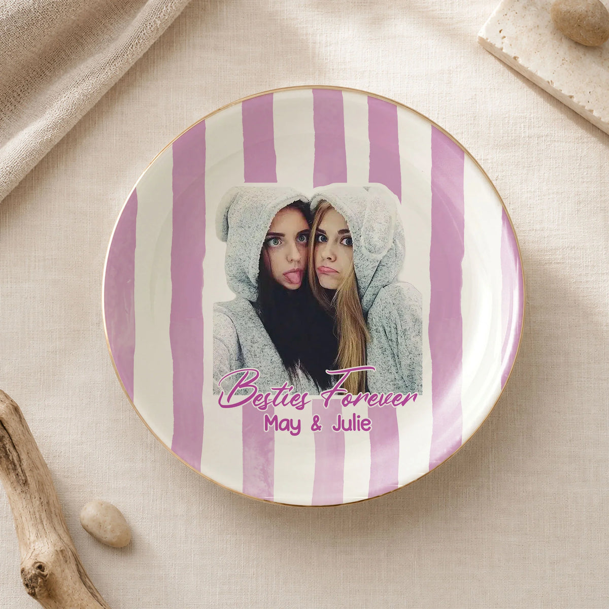 Close-up of Besties Forever Trinket Dish Personalized Ceramic Jewelry Tray for BFF Friendship Gift